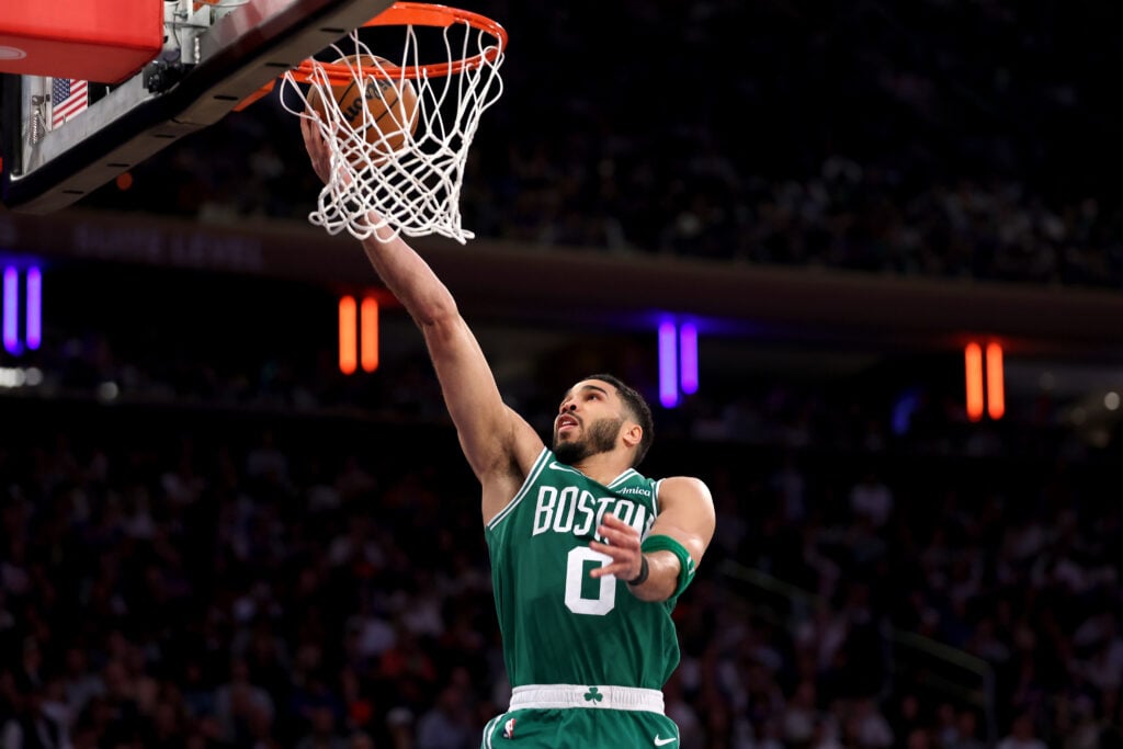 NEW YORK, NEW YORK - MAY 10: Jayson Tatum #0 of the Boston Celtics shoots the ball against the New York Knicks during the third quarter in Game Three of the Eastern Conference Second Round NBA Playoffs at Madison Square Garden on May 10, 2025 in New York City. NOTE TO USER: User expressly acknowledges and agrees that, by downloading and or using this photograph, User is consenting to the terms and conditions of the Getty Images License Agreement.